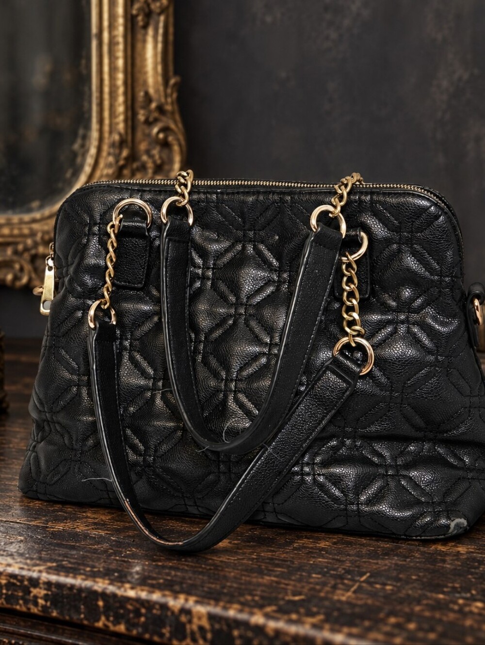 Thrashed Black Geometric Quilted Grunge Goth Shoulder Handbag